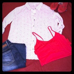 Long Sleeve Cream & Blue Button-Up Collard Blouse